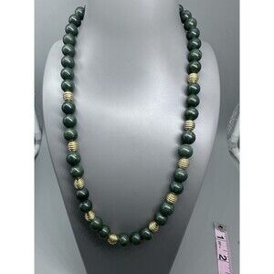 Spinach Jade Bead Gold Tone Stone Necklace